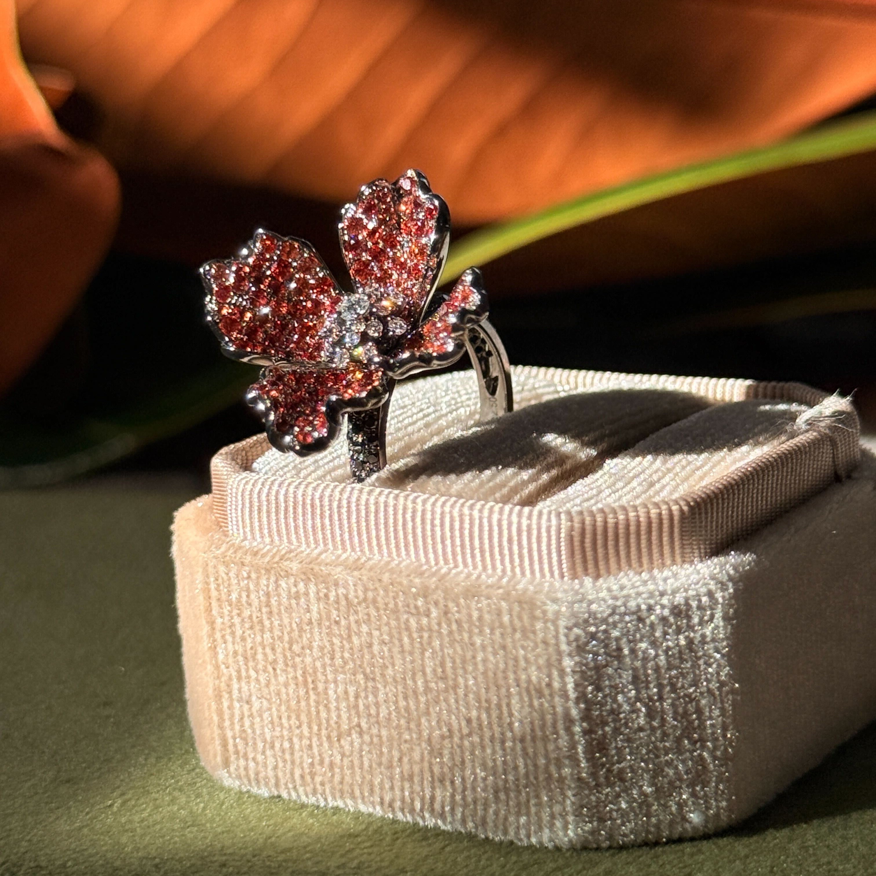 Black & White Diamonds with Fiery Orange Sapphire in 18K Solid Gold