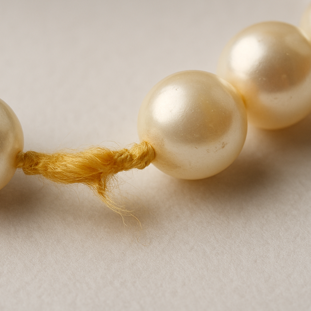 Close-up of a pearl necklace with a beige background and discolouration of thread