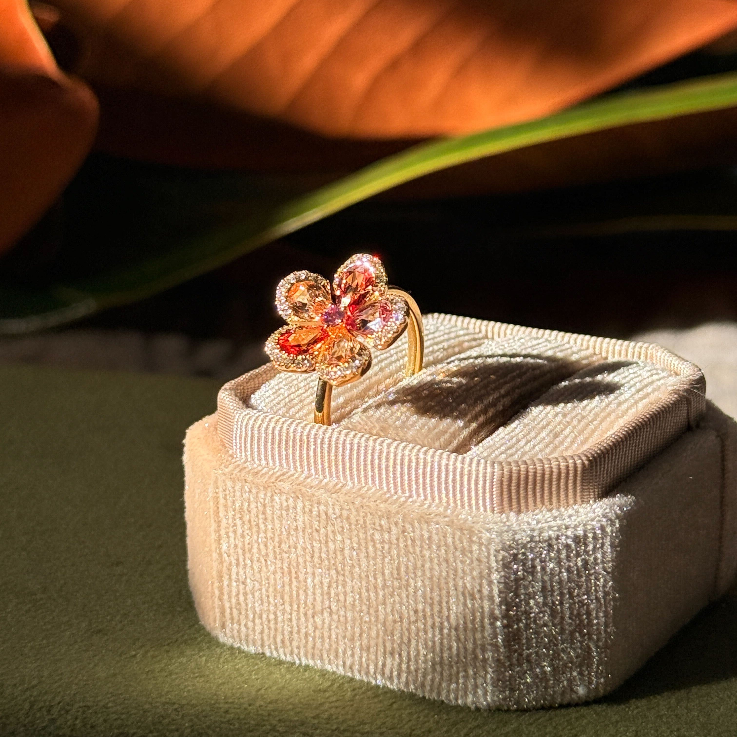 Orange Sapphire & Diamond Flower Ring in 18K Gold by vinca, life of the showgirl collection inspired by taylor swift