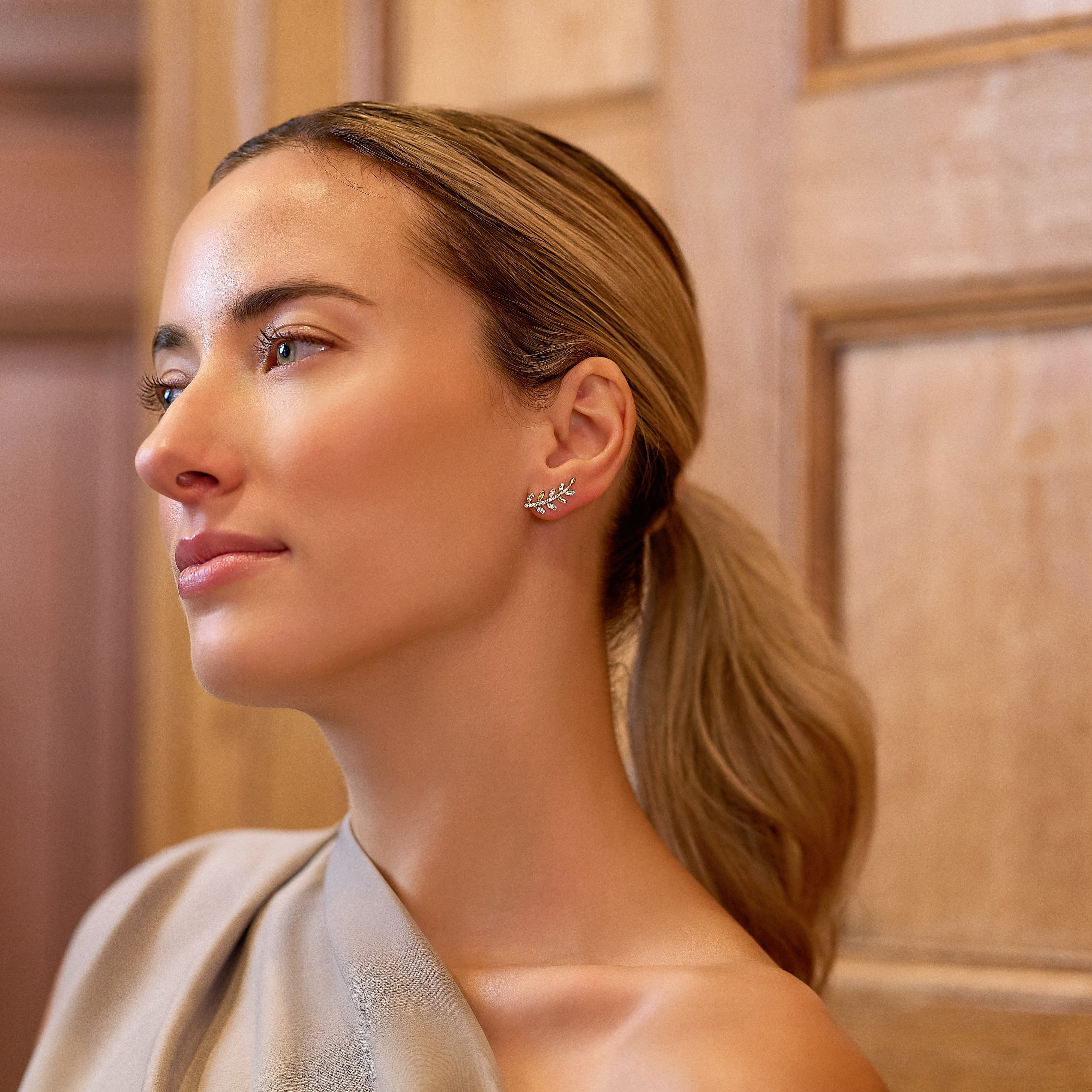 Olive Branch 18K solid yellow gold diamond stud ear climber earrings