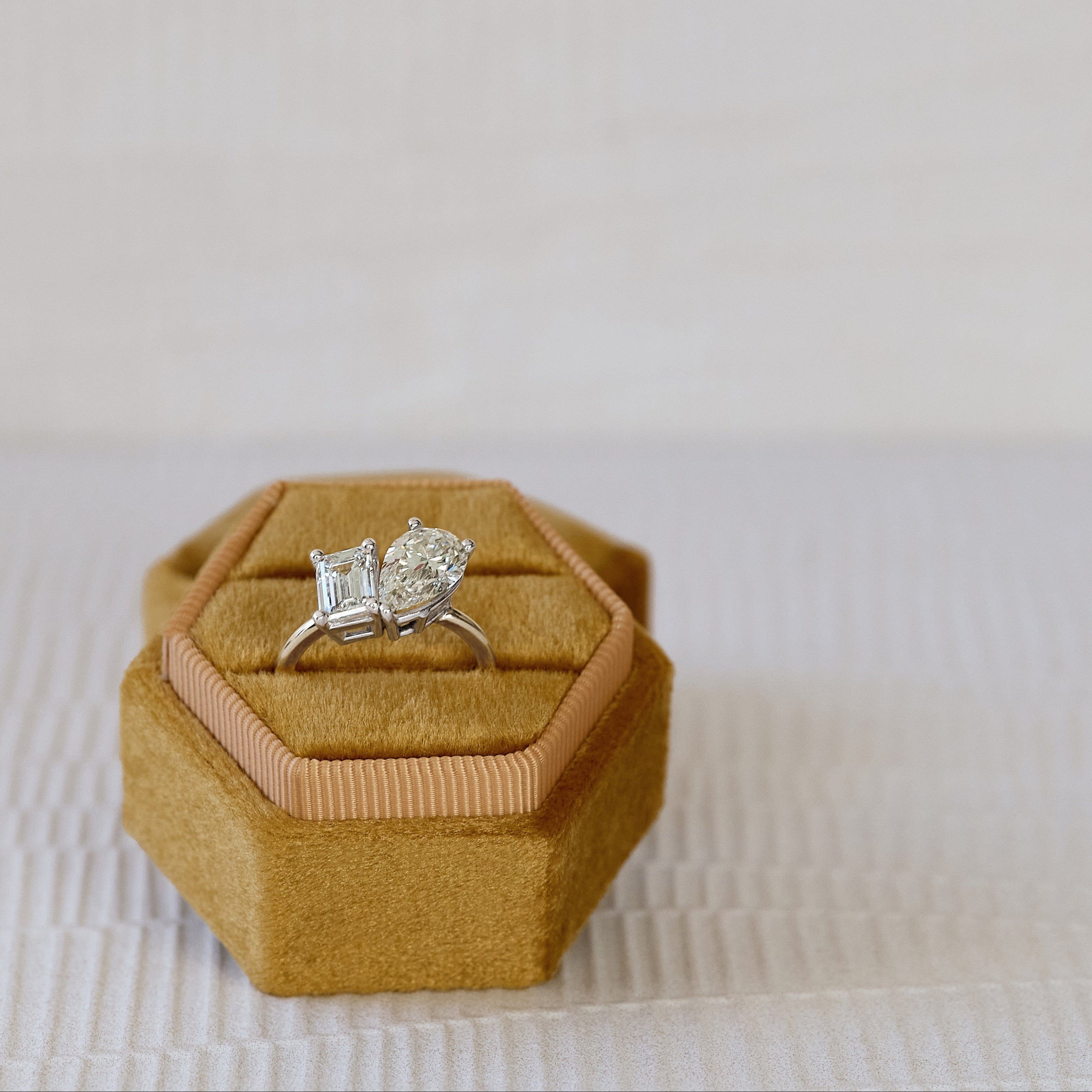 Toi et Moi 14K solid yellow gold pear cut and emerald cut diamond ring