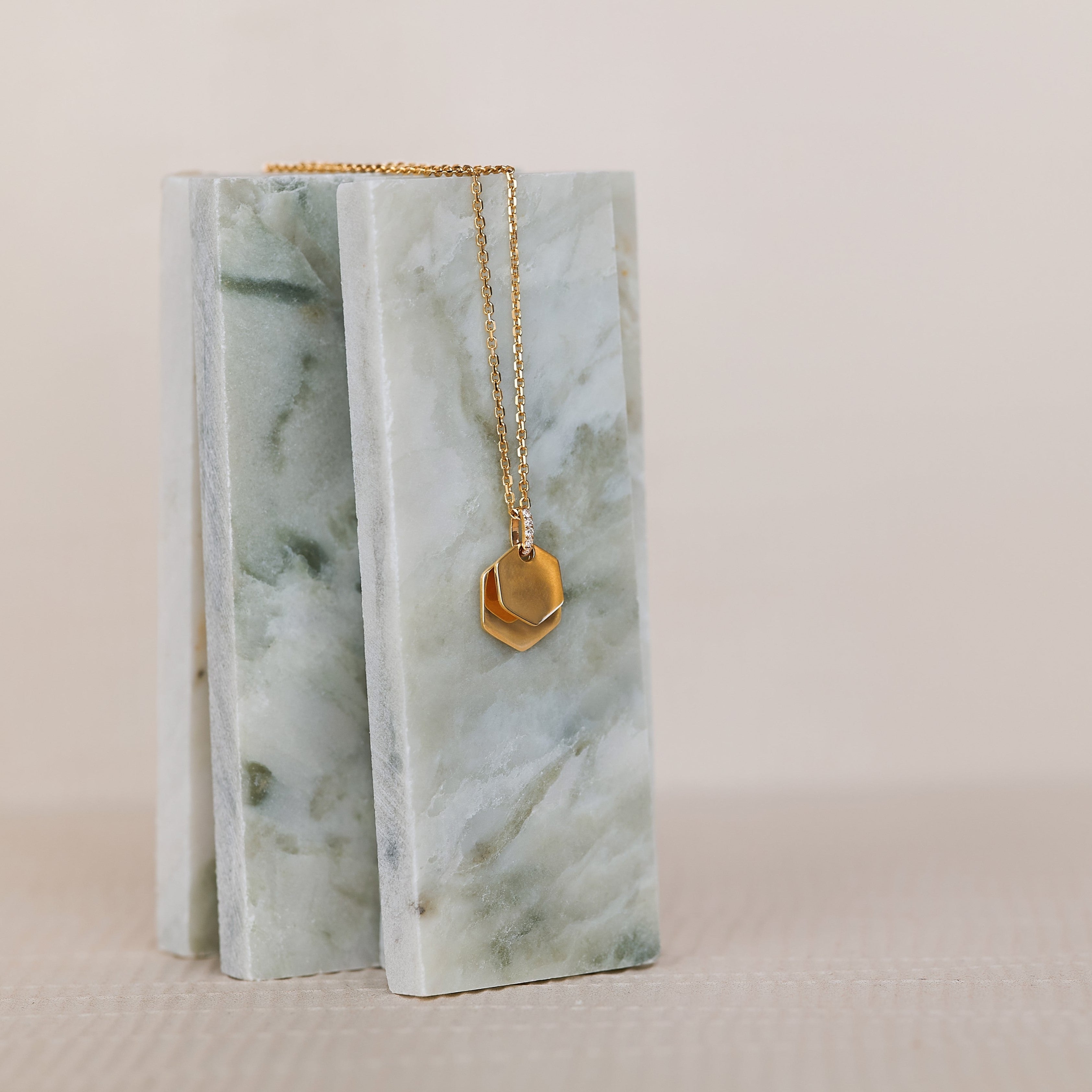 Reflection 14K solid yellow gold hexagon tag Necklace