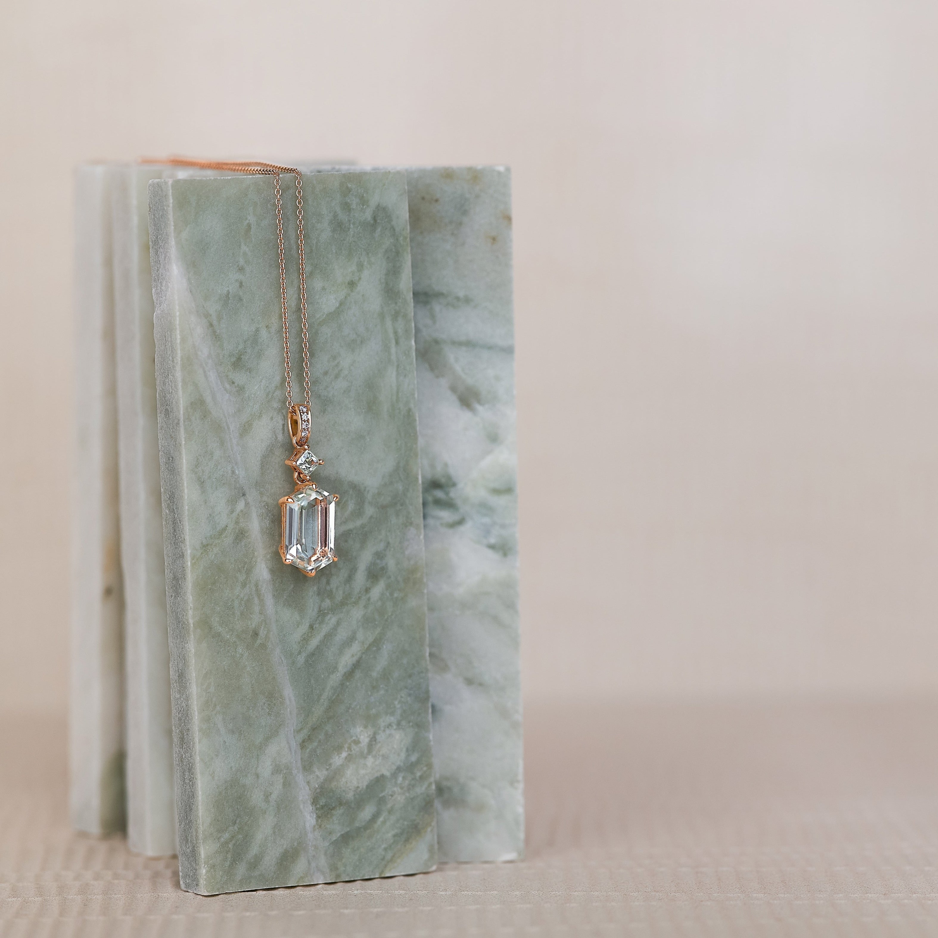 Green Amethyst and Solid 18K Rose Gold and Diamond Claire Necklace