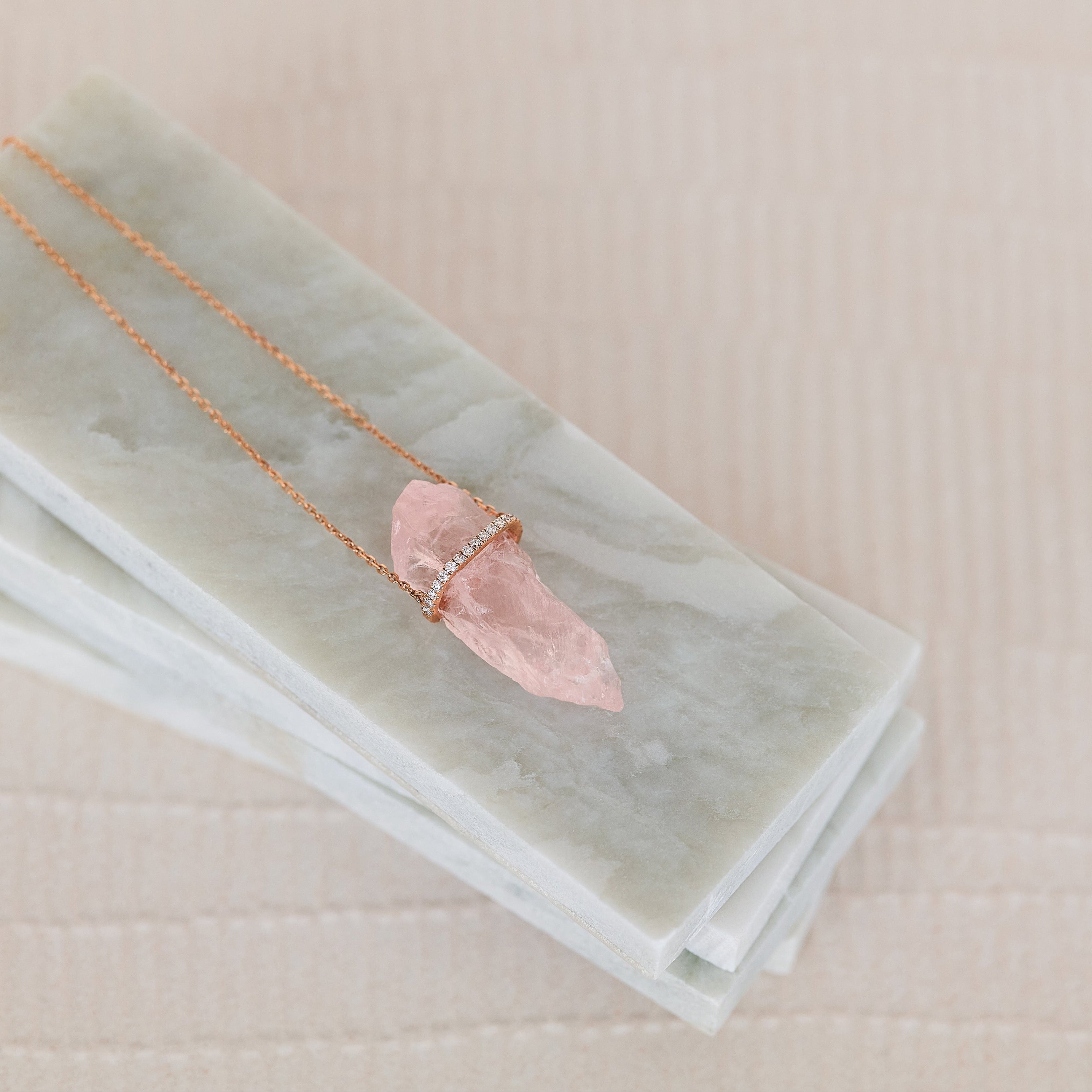 Astrid 18K solid rose gold diamond necklace with rose quartz