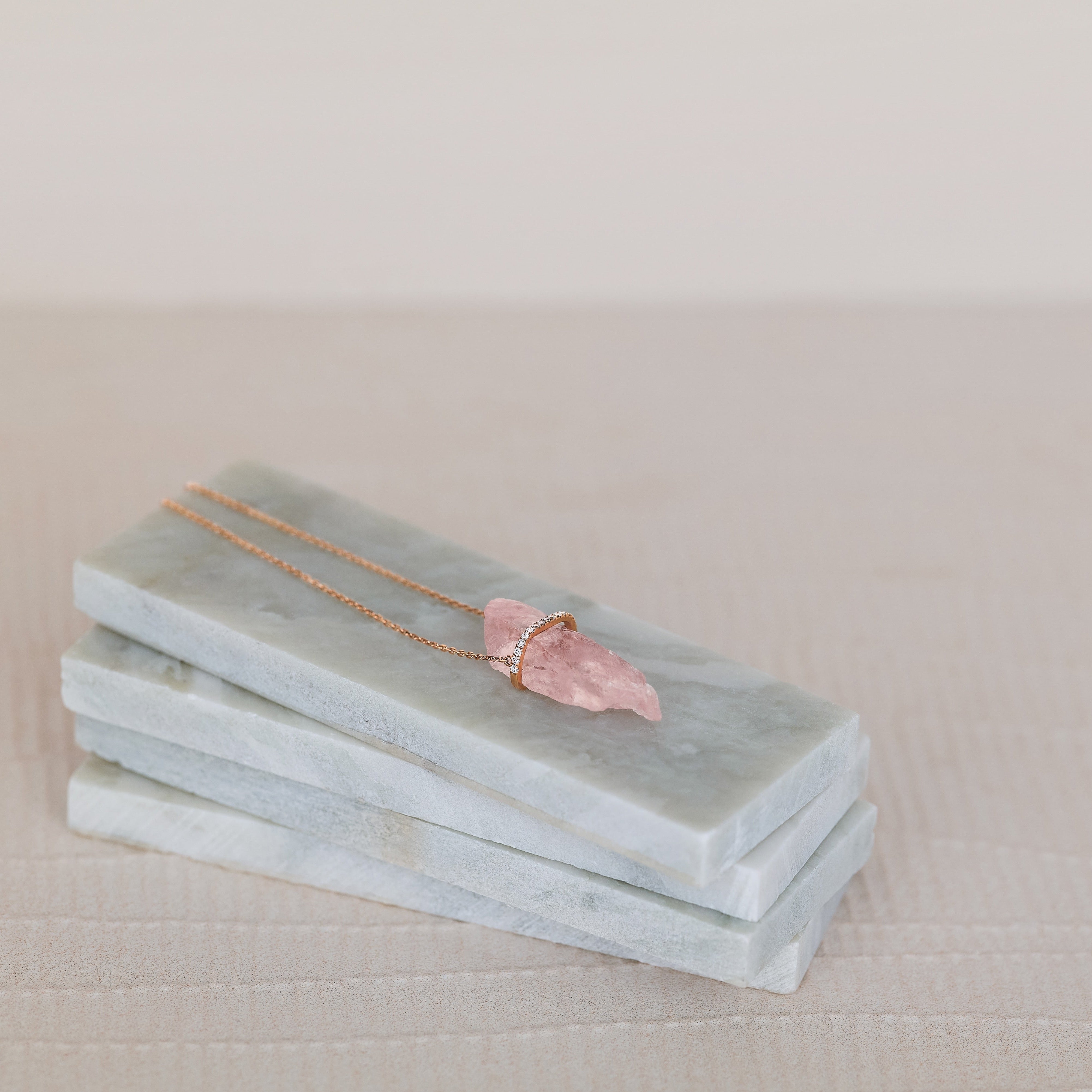 Astrid 18K solid rose gold diamond necklace with rose quartz