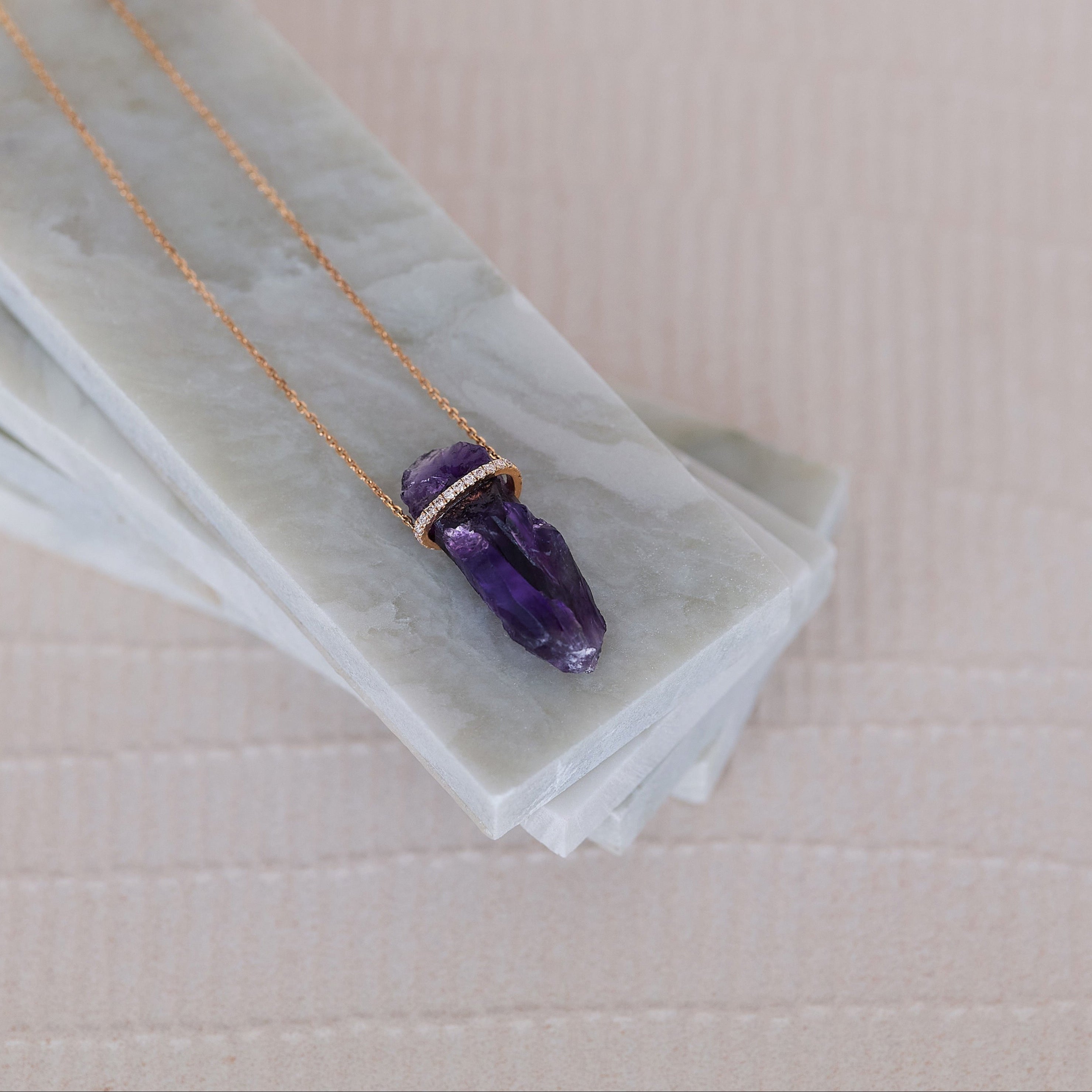 Astrid Necklace 18K solid rose gold diamond necklace with amethyst