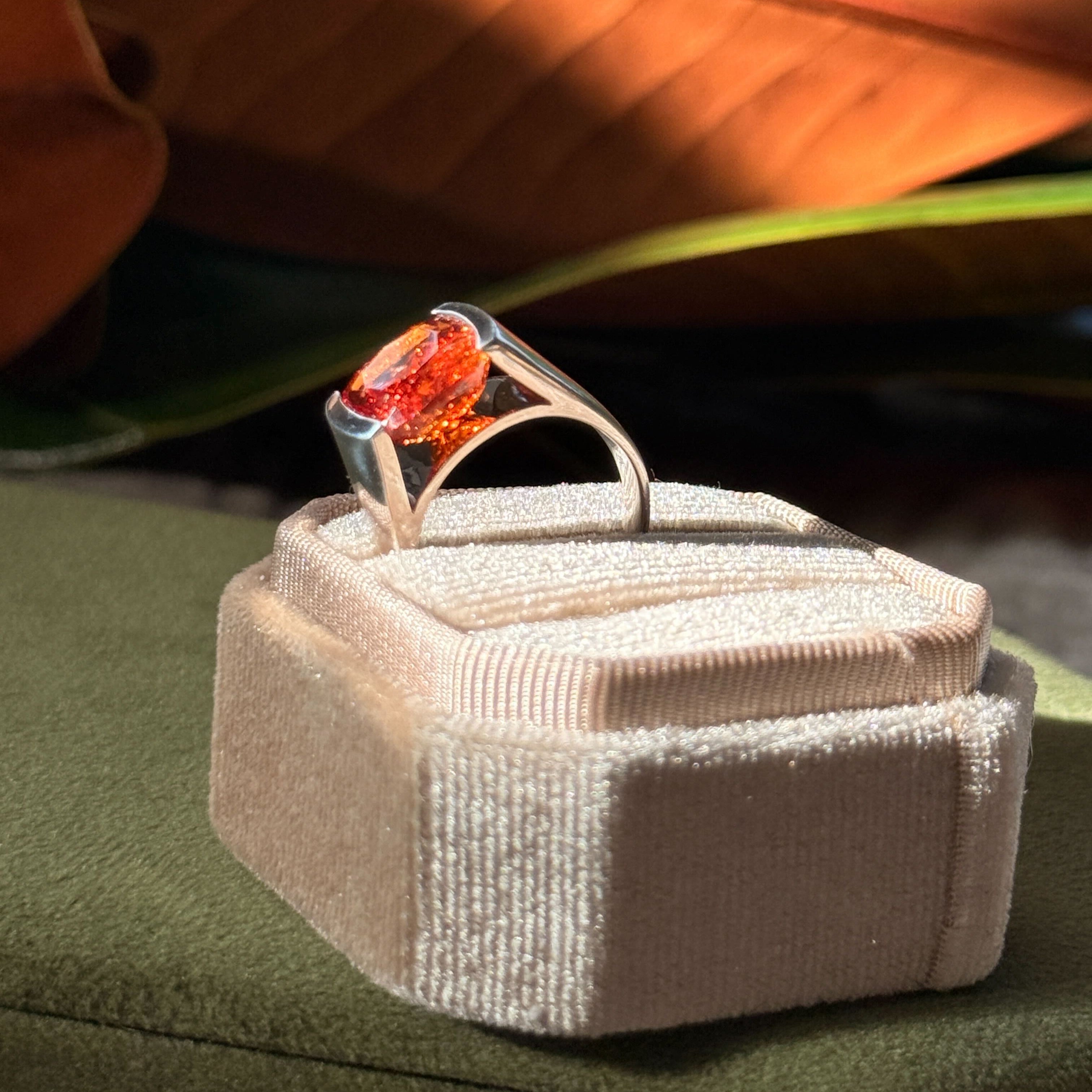 Cushion Cut Orange Tourmaline Ring in 14K White Gold by vinca jewelry inspired by taylor swift life of the showgirl collection