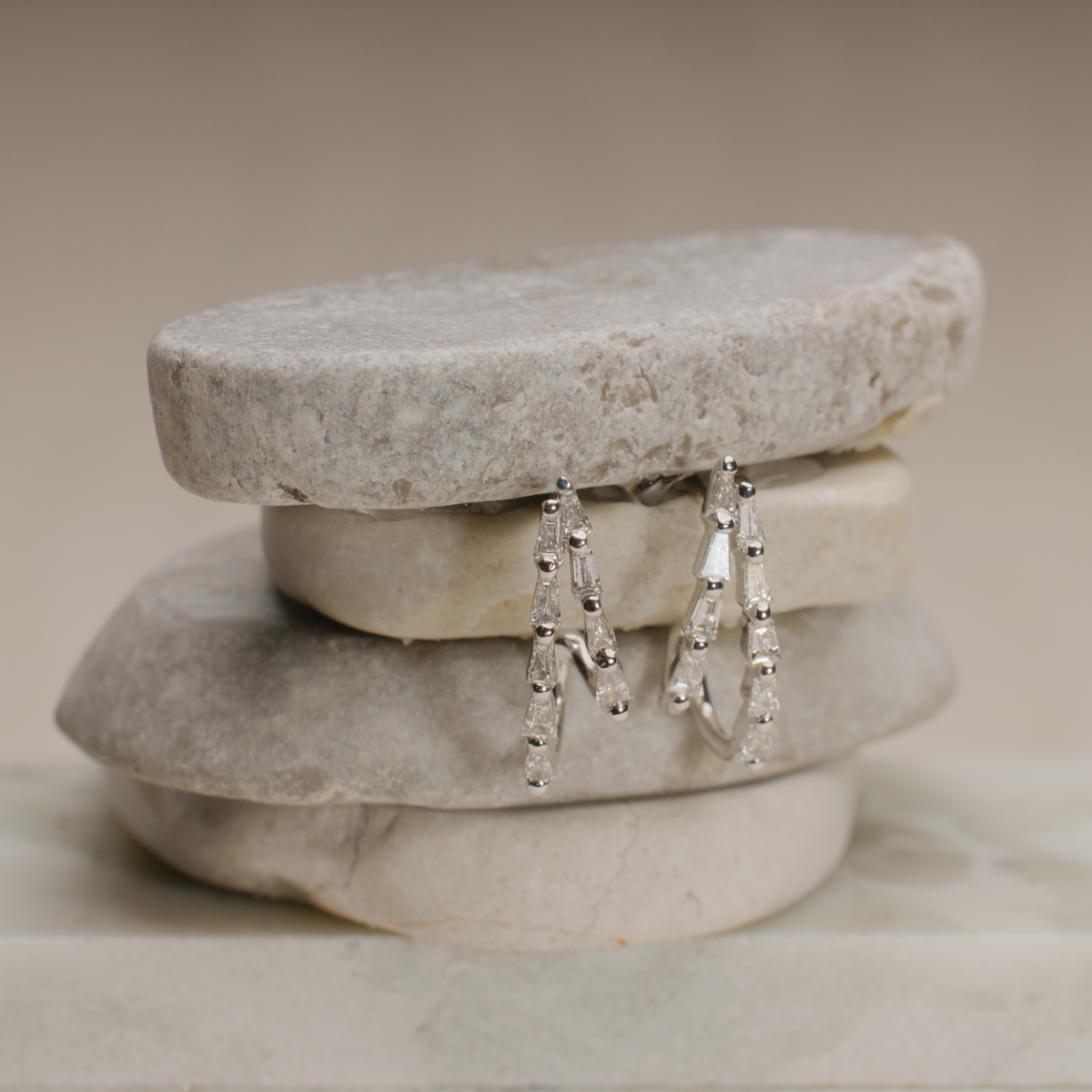 Teardrop hoop 18K solid white gold and diamond waterfall earrings