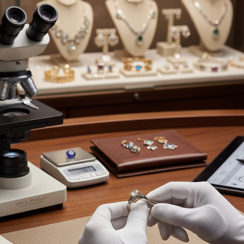 Vinca jewelry Jeweler examining a ring with a microscope and other tools on a desk for the process of jewelry appraisal