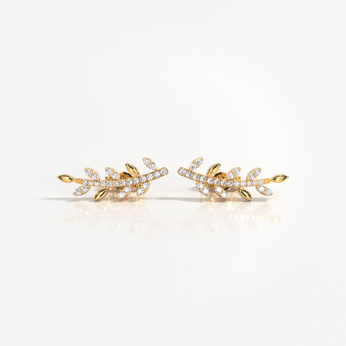 Olive Branch 18K solid yellow gold diamond stud ear climber earrings