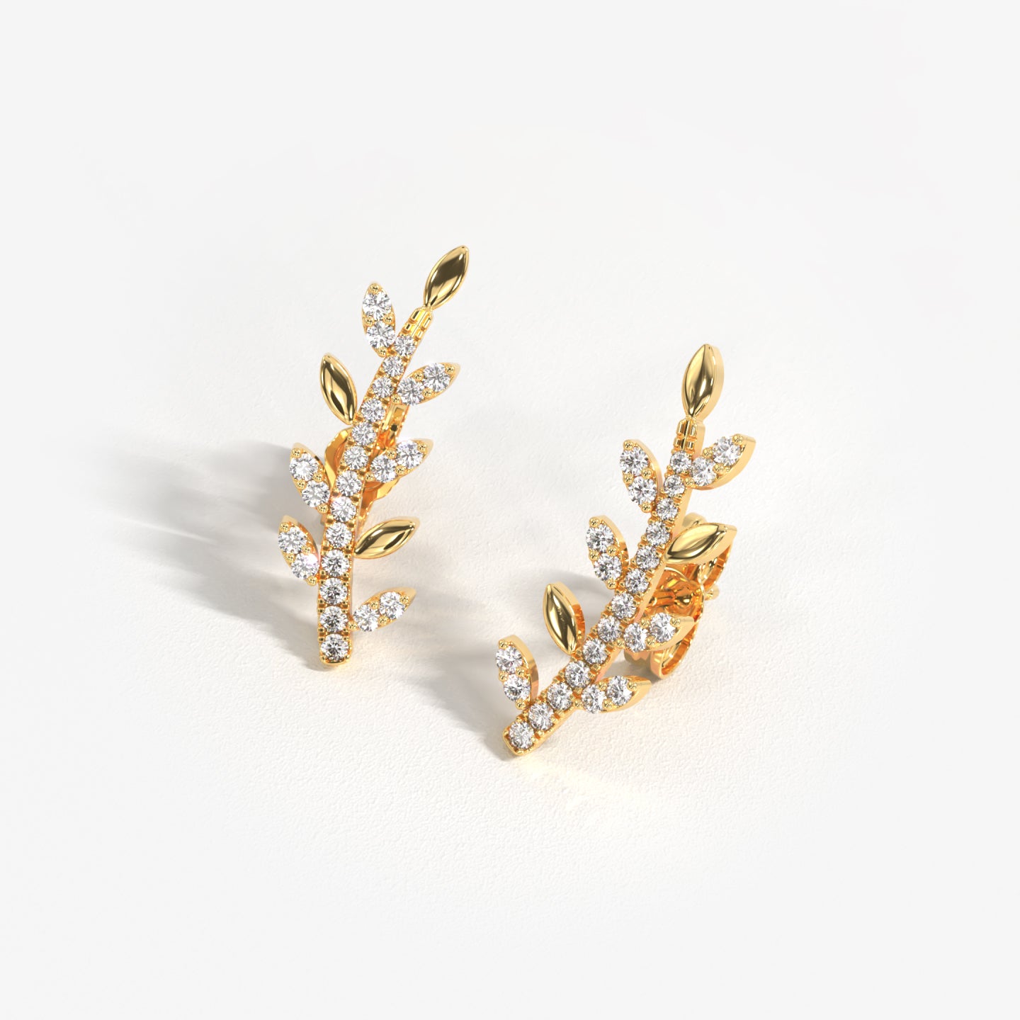 Olive Branch 18K solid yellow gold diamond stud ear climber earrings