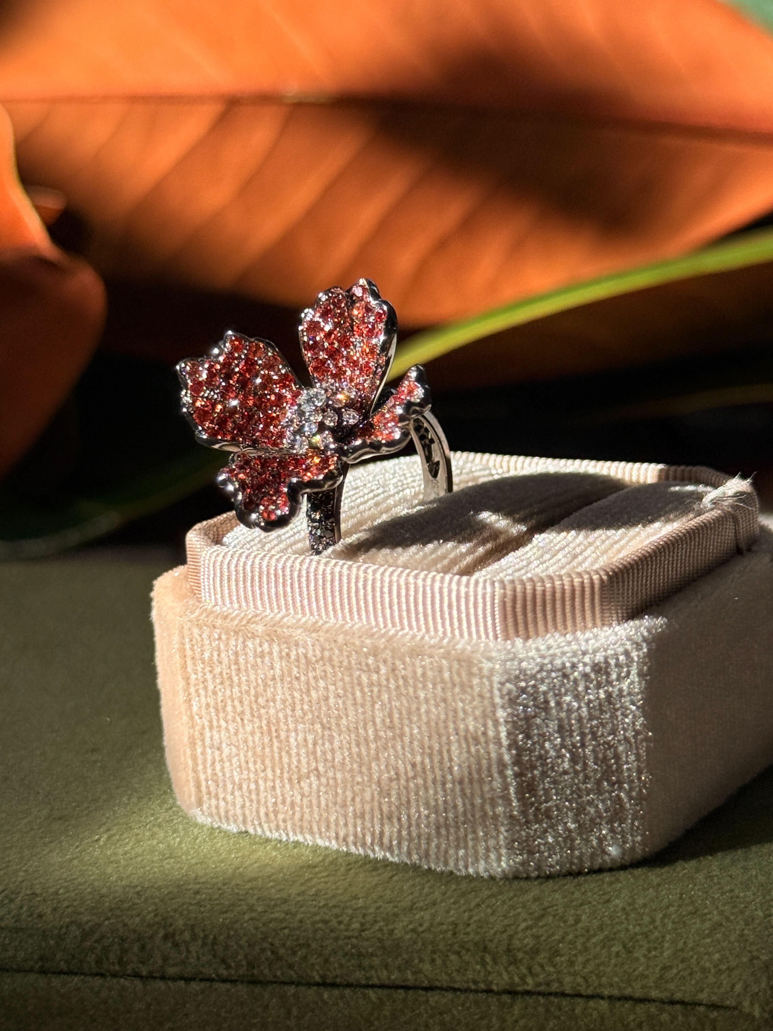 Actually Romantic Ring - Black & White Diamonds with Fiery Orange Sapphire in 18K Solid Gold