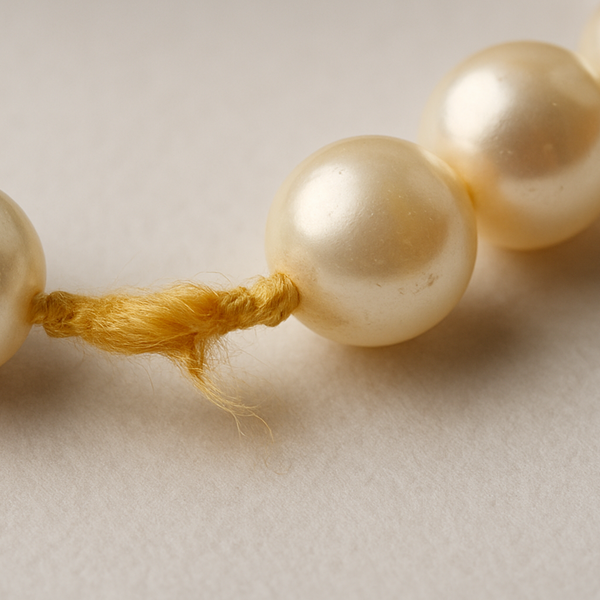 Close-up of a pearl necklace with a beige background and discolouration of thread