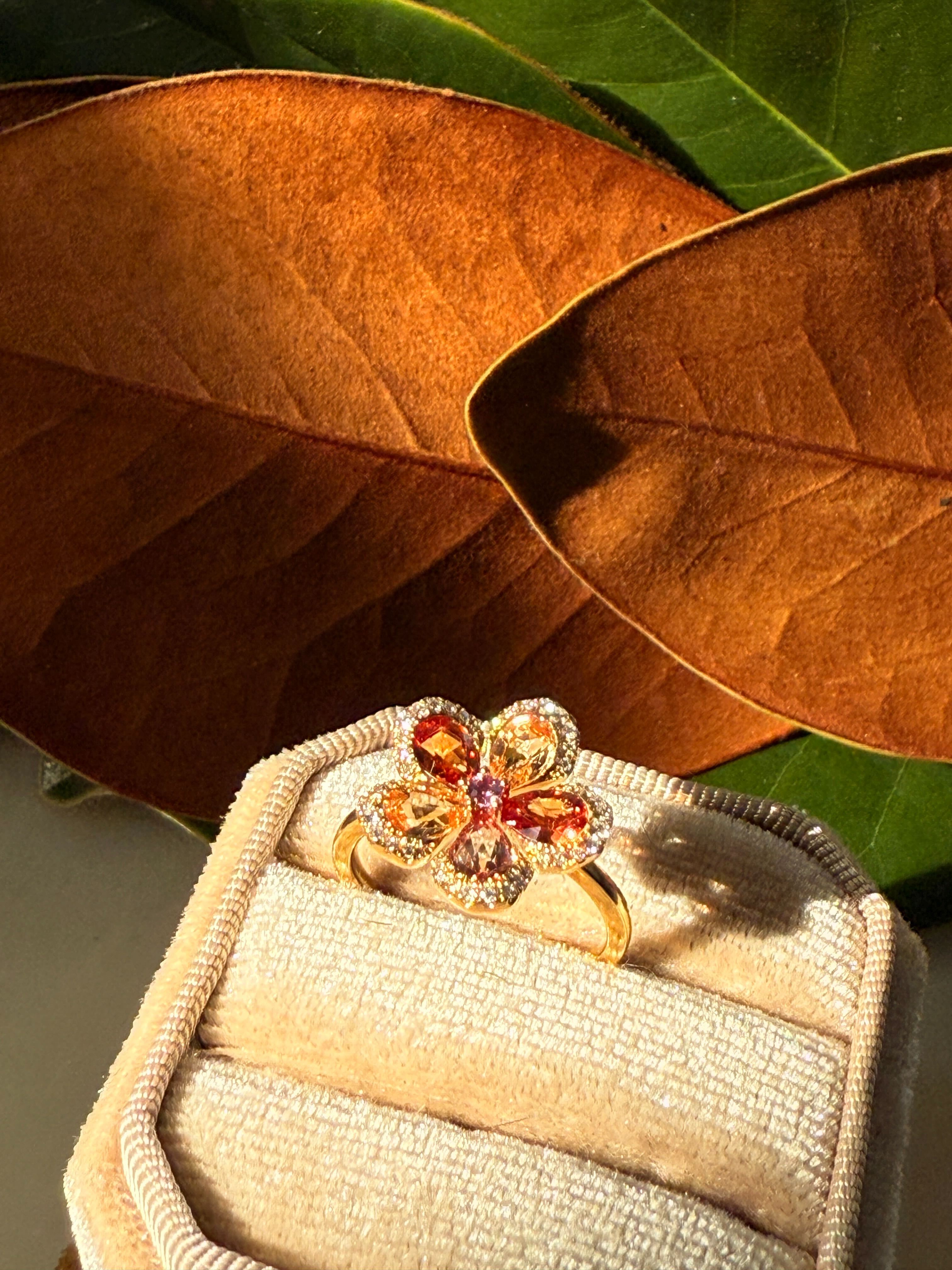 Eldest Daughter Flower Ring | Orange Sapphire & Diamond Flower Ring in 18K Gold