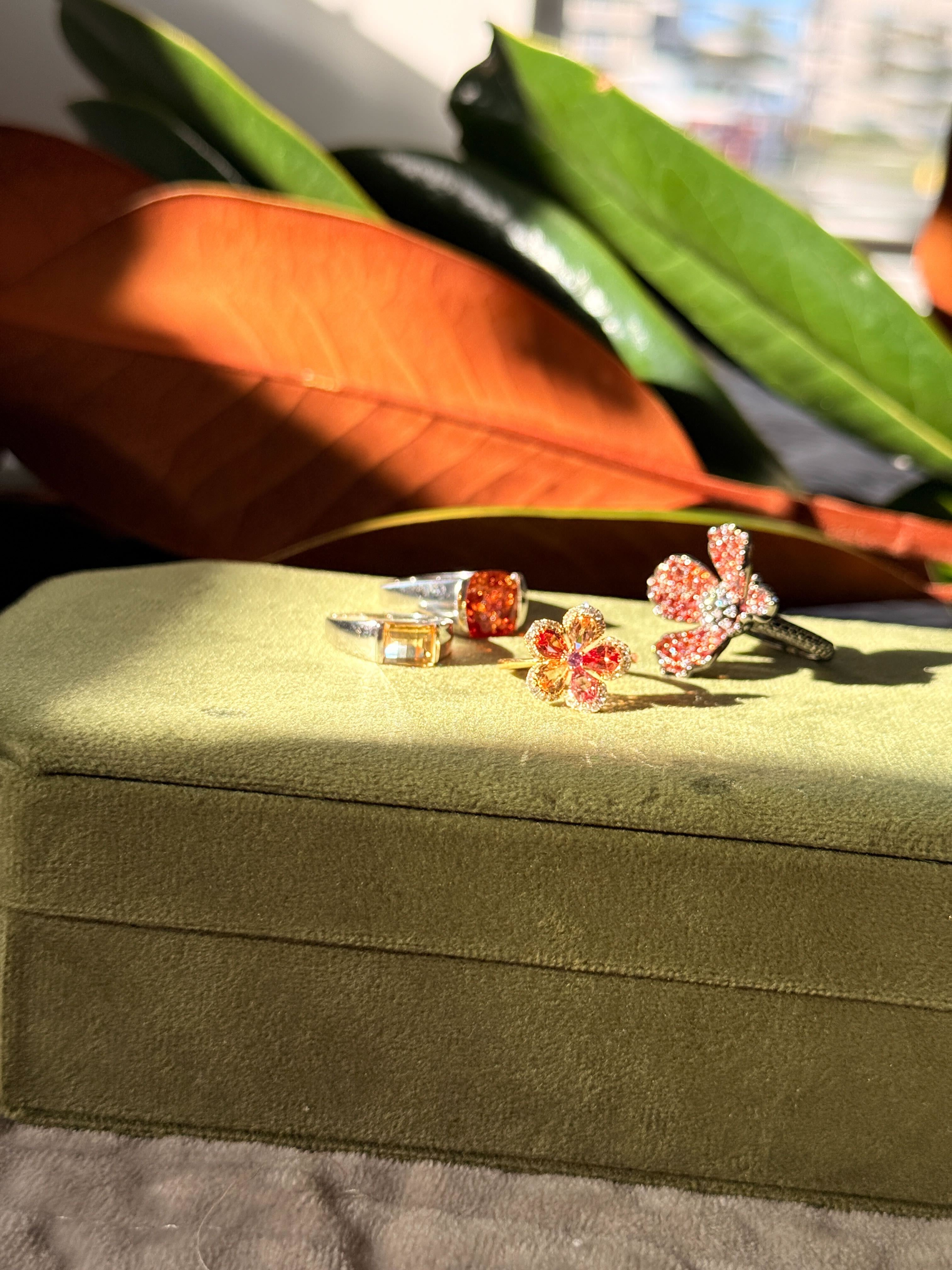 Actually Romantic Ring - Black & White Diamonds with Fiery Orange Sapphire in 18K Solid Gold