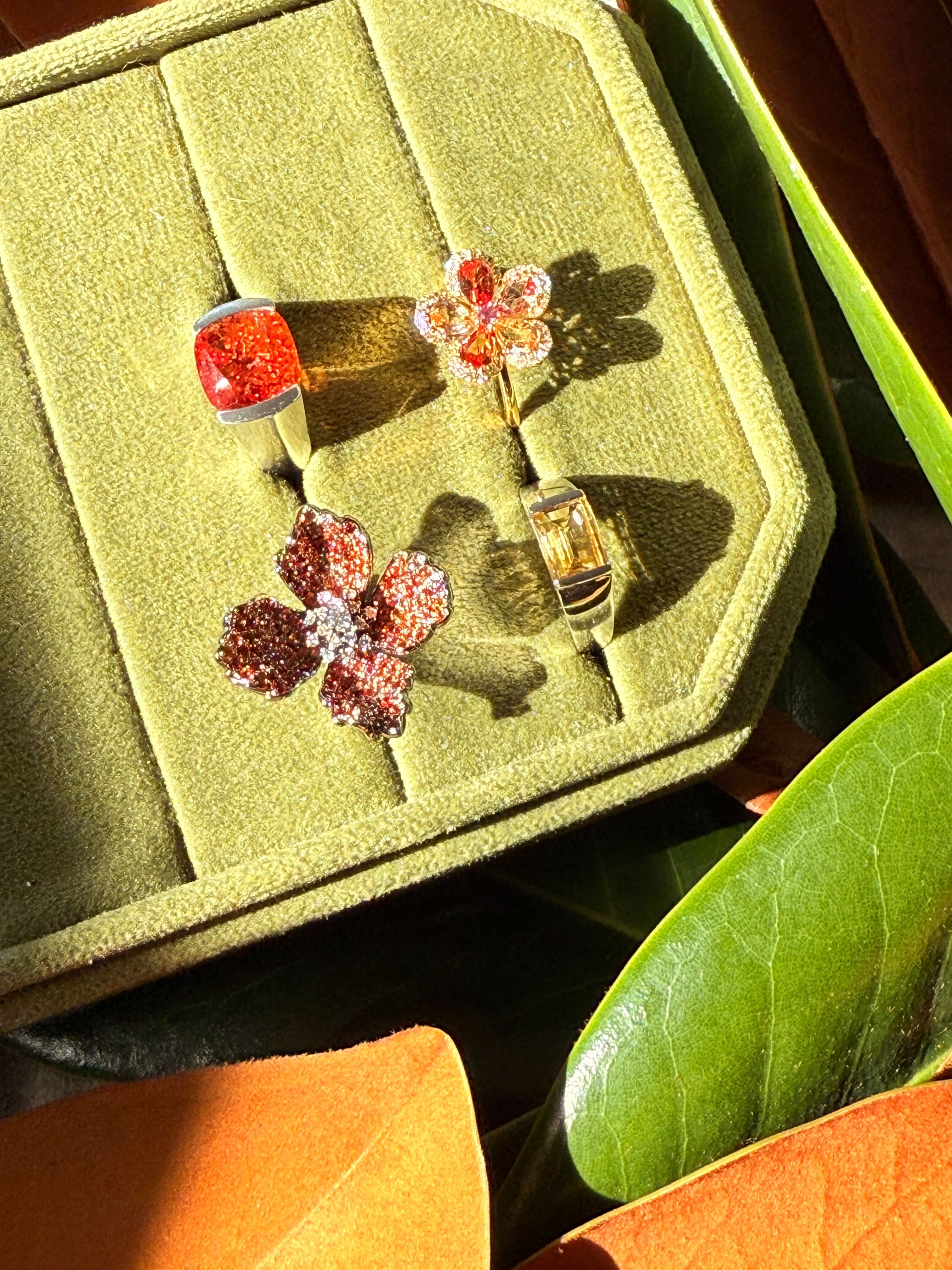 Actually Romantic Ring - Black & White Diamonds with Fiery Orange Sapphire in 18K Solid Gold