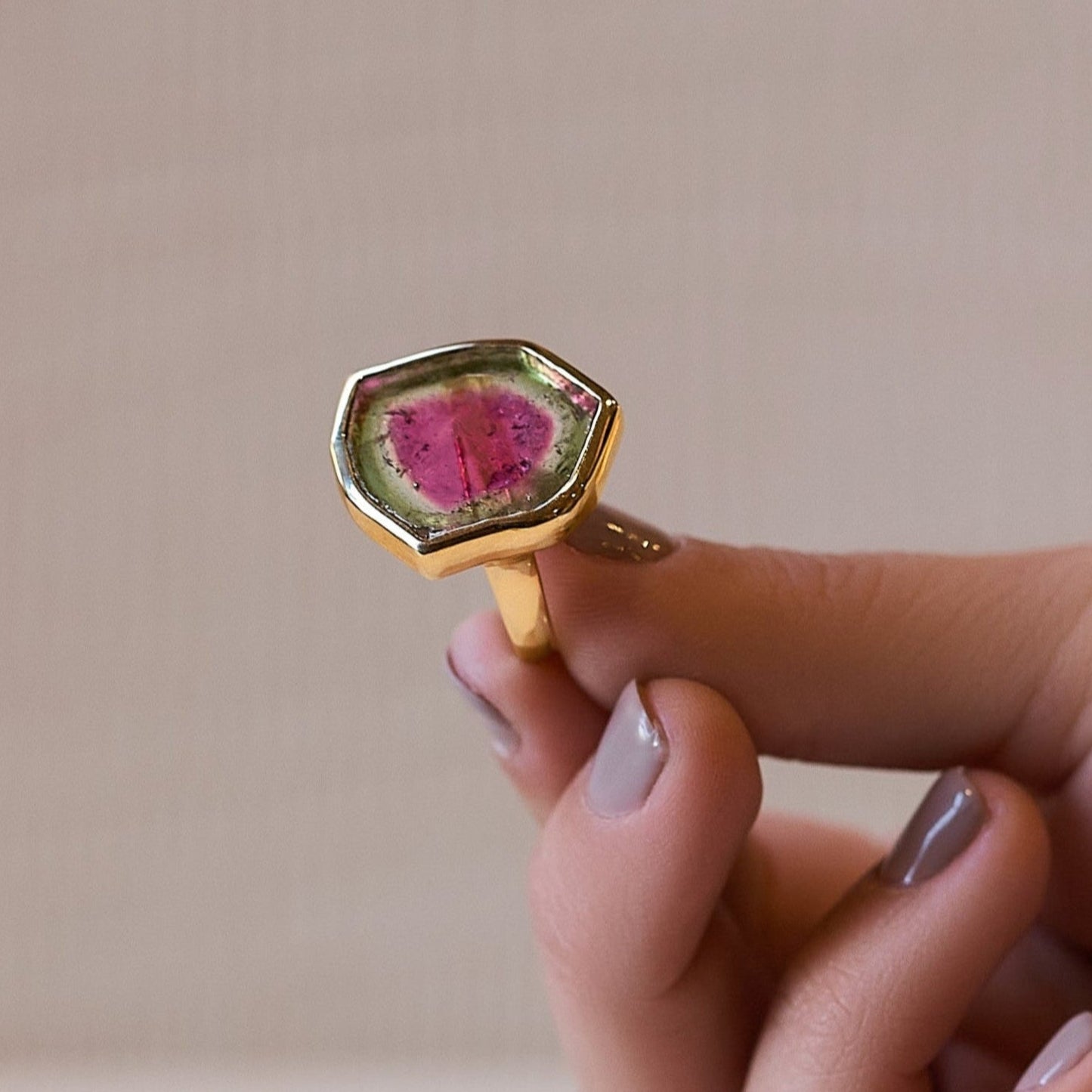 Supernova 14K solid yellow gold watermelon tourmaline cocktail ring