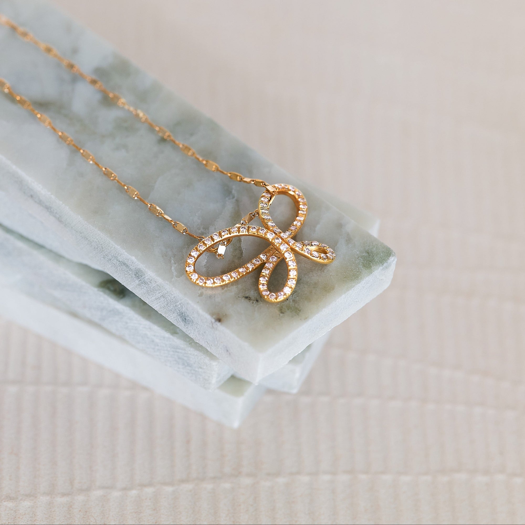 Butterfly 18K solid rose gold and pink diamond necklace