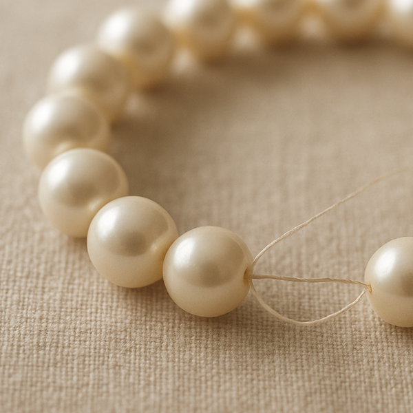 Pearl bracelet on a beige fabric background