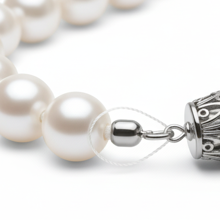 Pearl necklace with a silver clasp on a white background