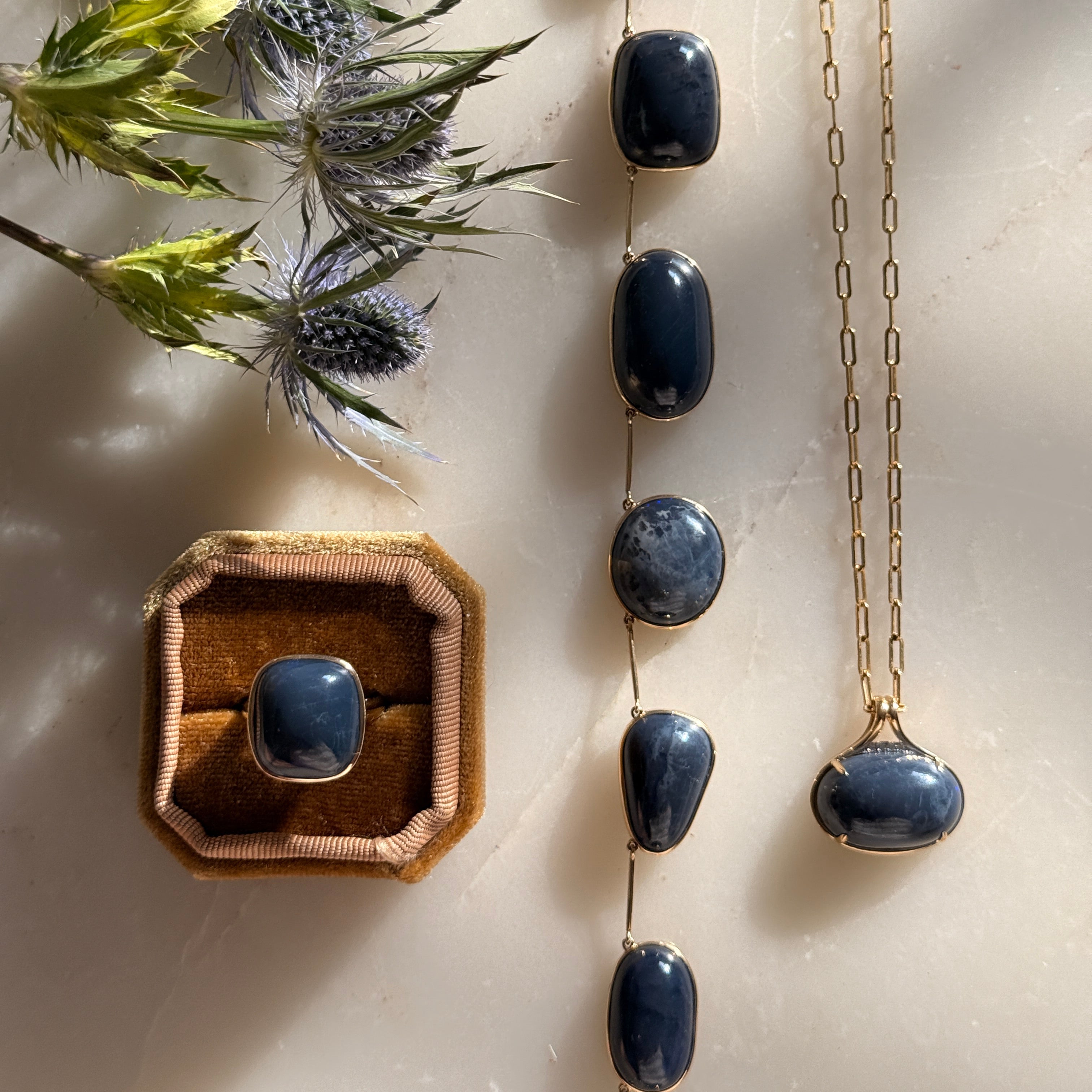 Necklace with blue stones and a ring in a box on a textured surface with plants.