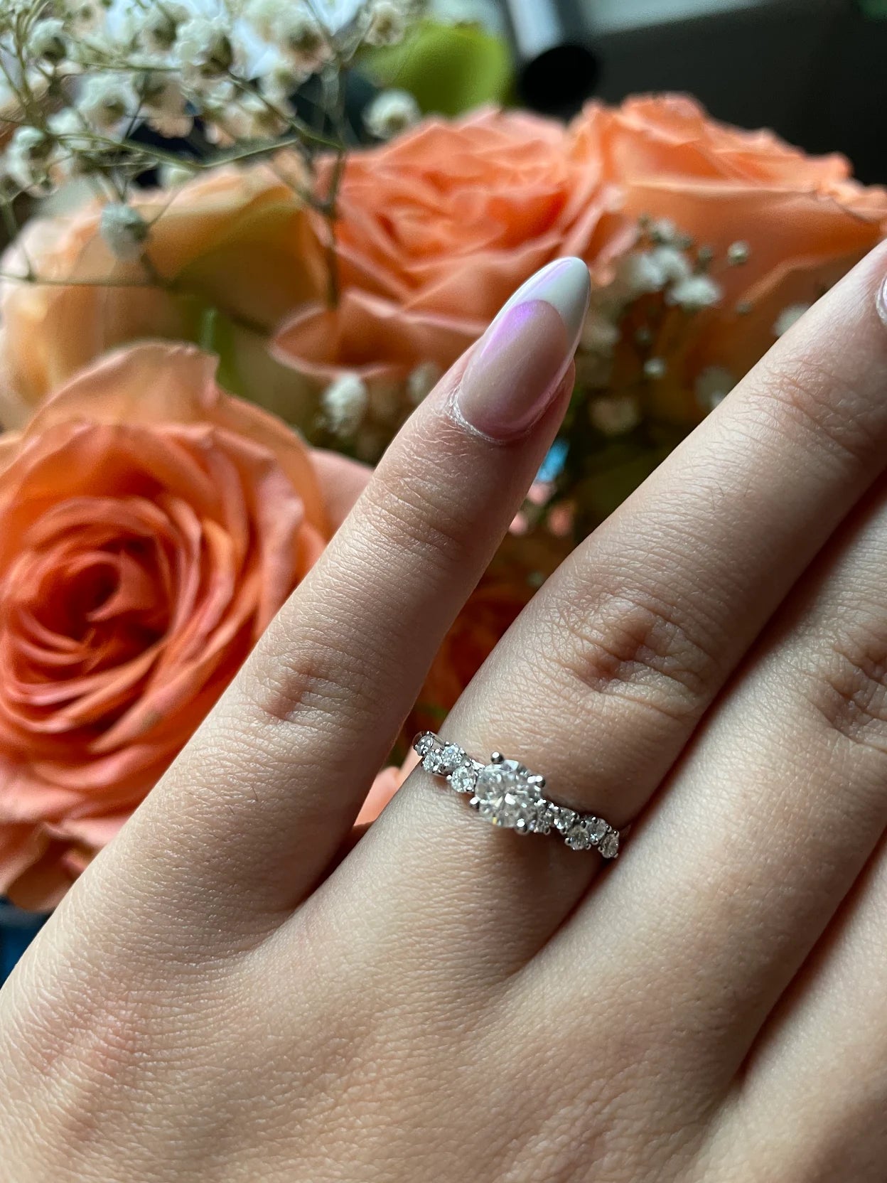 bespoke engagement ring, diamond field, and white gold