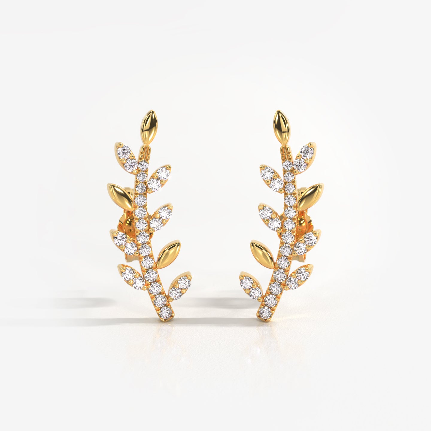Olive Branch 18K solid yellow gold diamond stud ear climber earrings