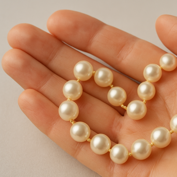 Pearl necklace held in a hand against a neutral background